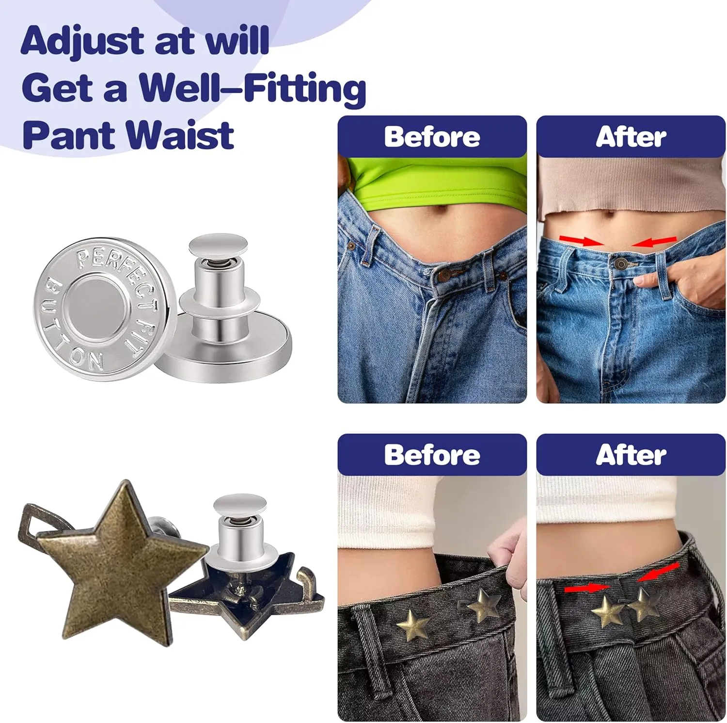 12 Sets Buttons Pins for Loose Jeans,Pant Waist Tightener for Women,No Sew Jeans Button Replacement,Waist Cincher Clip for Jeans to Make Smaller,Reusable and Adjustable Pants Button