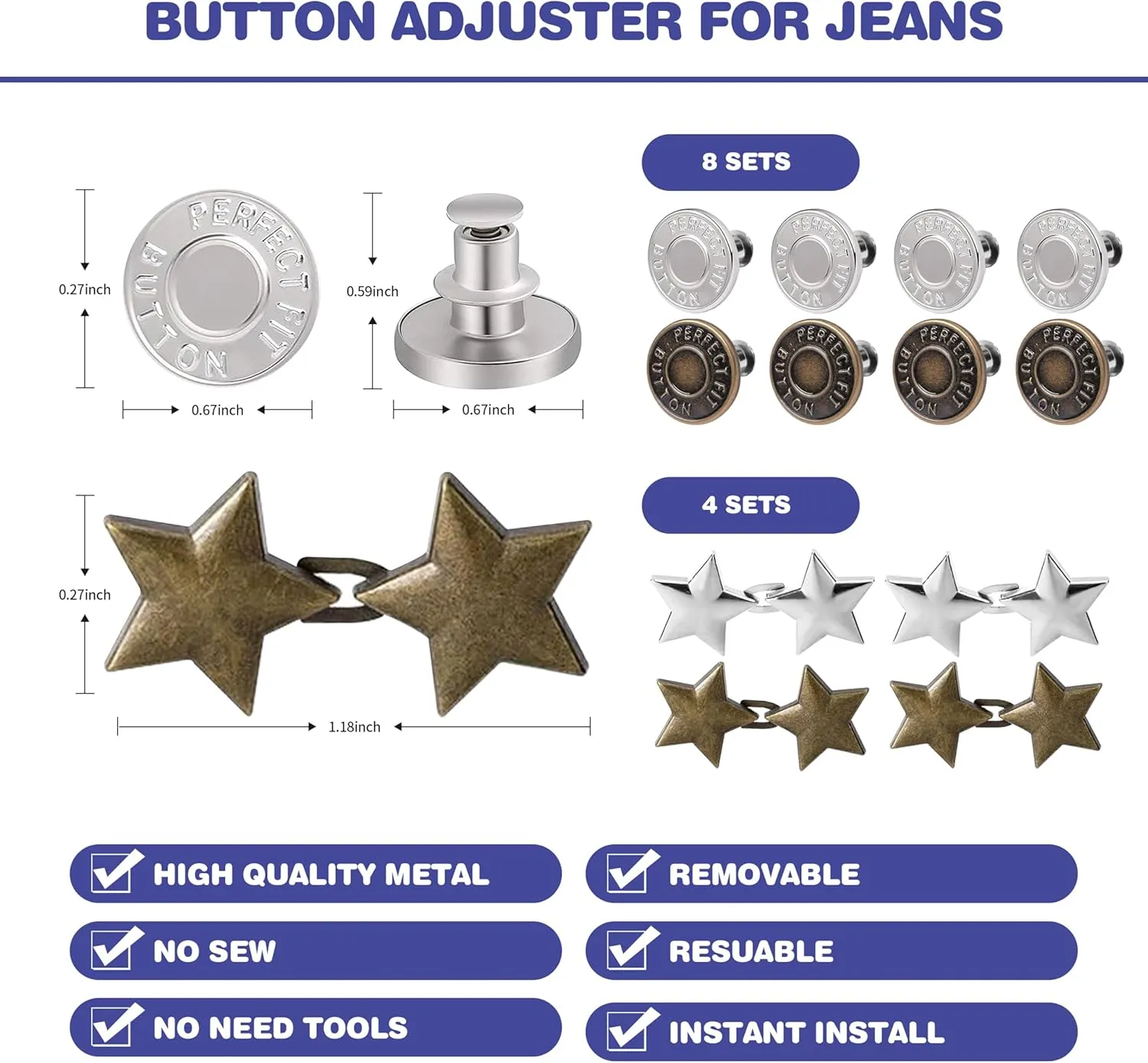 12 Sets Buttons Pins for Loose Jeans,Pant Waist Tightener for Women,No Sew Jeans Button Replacement,Waist Cincher Clip for Jeans to Make Smaller,Reusable and Adjustable Pants Button