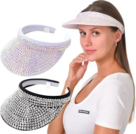 2 Pack Sparkly Rhinestone Clip on Visor Hats Women Men Sun Visors Hat Crystal Studded Shiny Sports Golf Beach Tennis Caps