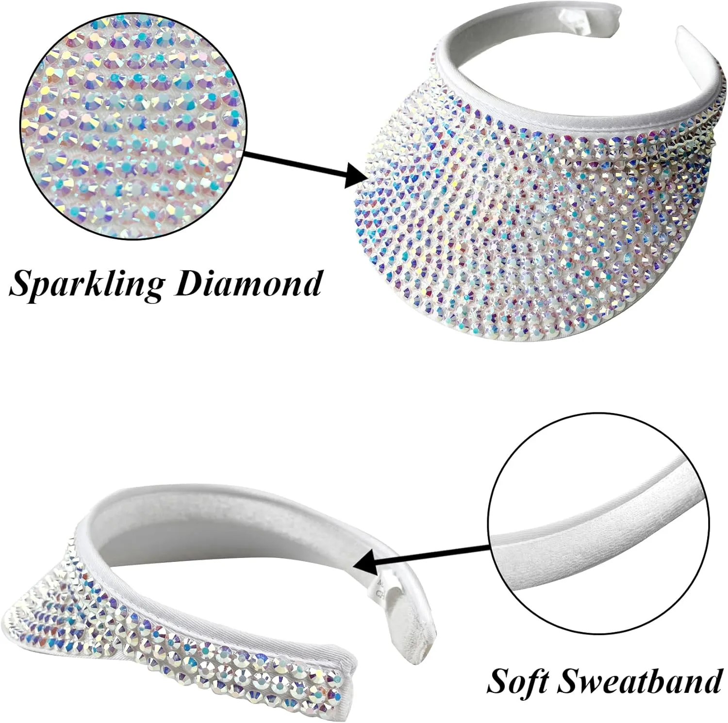 2 Pack Sparkly Rhinestone Clip on Visor Hats Women Men Sun Visors Hat Crystal Studded Shiny Sports Golf Beach Tennis Caps