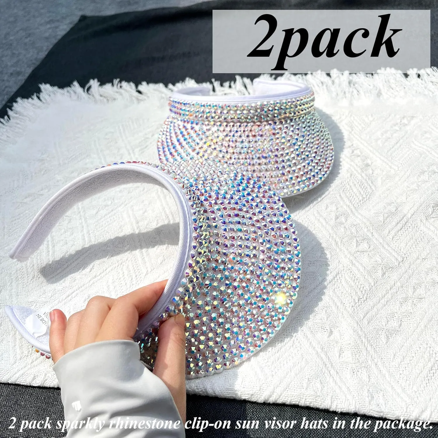 2 Pack Sparkly Rhinestone Clip on Visor Hats Women Men Sun Visors Hat Crystal Studded Shiny Sports Golf Beach Tennis Caps