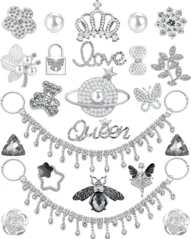 24Pcs Bling Shoe Charms Designer Decoration Rhinestone Chain Pearl Gems Rhinestone Luxury Accessories for Women Girls Party Favors Birthday Gifts