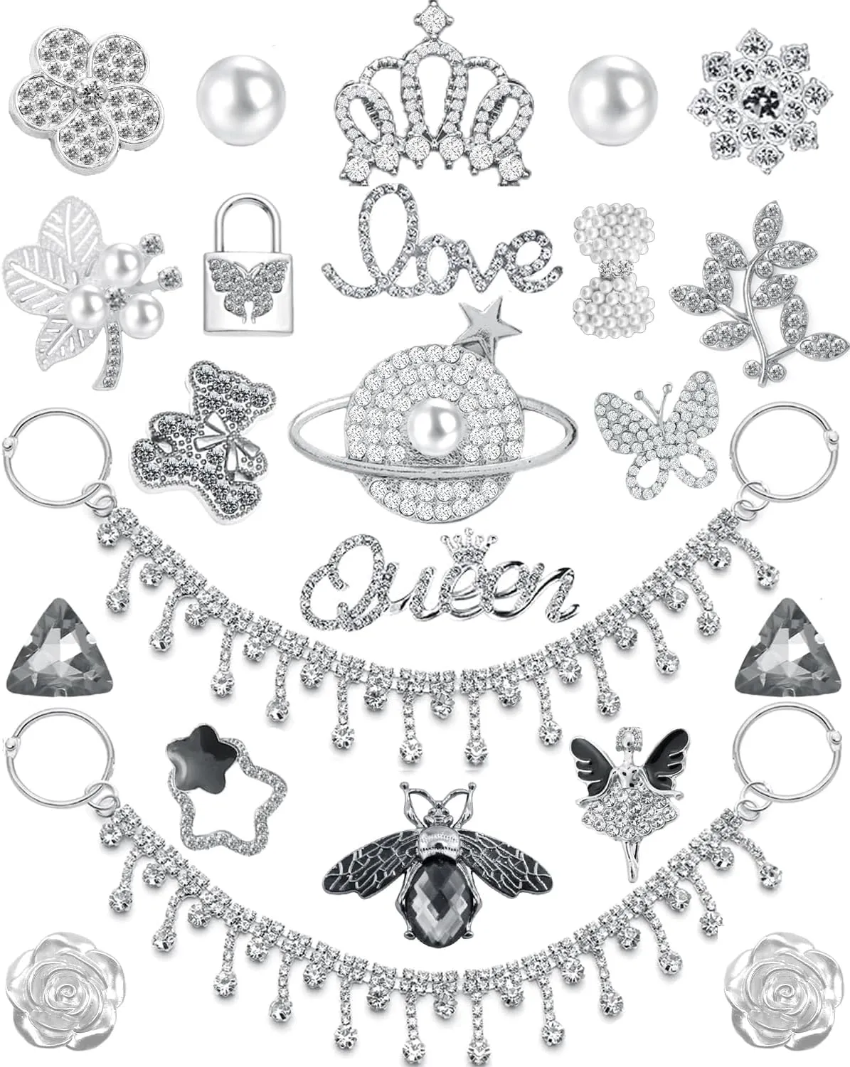24Pcs Bling Shoe Charms Designer Decoration Rhinestone Chain Pearl Gems Rhinestone Luxury Accessories for Women Girls Party Favors Birthday Gifts