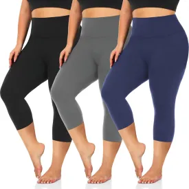 3 Pack Women's Plus Size Capri Leggings High Waist Tummy Control, Stretchy Yoga Workout Pants (XL-4X) - Spandex Elastic Fit