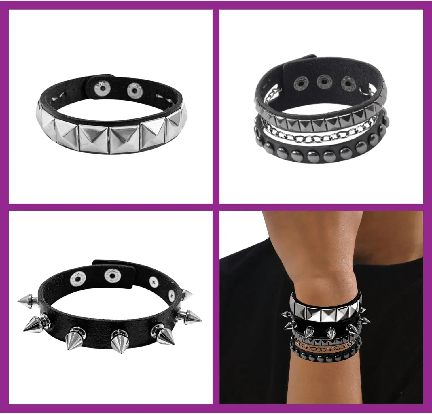 3 Pcs Punk Rock Studded Bracelet Set Spiked Leather Cuff Bracelet for Men Women 80s Wristband Emo Bracelet Adjustable