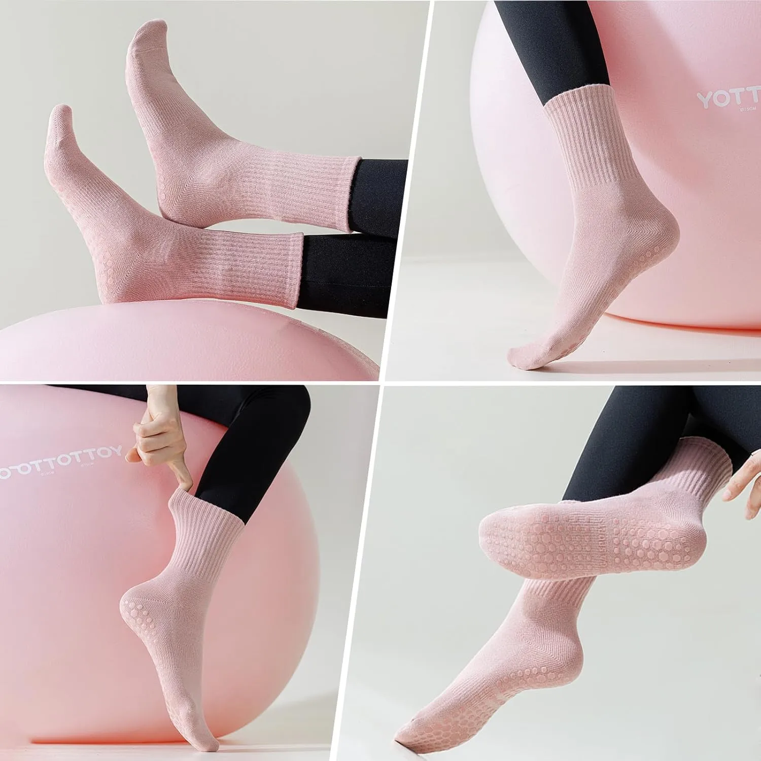4 Pairs Pilates Socks with Grips for Women, Non Slip Yoga Athletic Ballet Barre Dance Workout Crew Socks