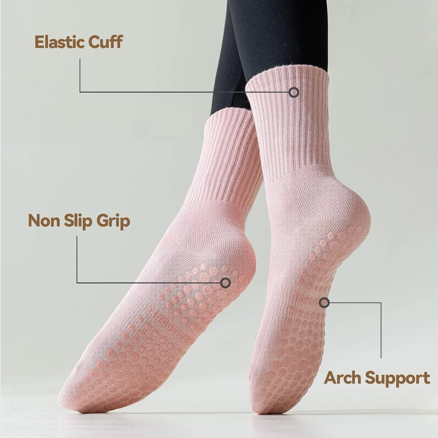 4 Pairs Pilates Socks with Grips for Women, Non Slip Yoga Athletic Ballet Barre Dance Workout Crew Socks