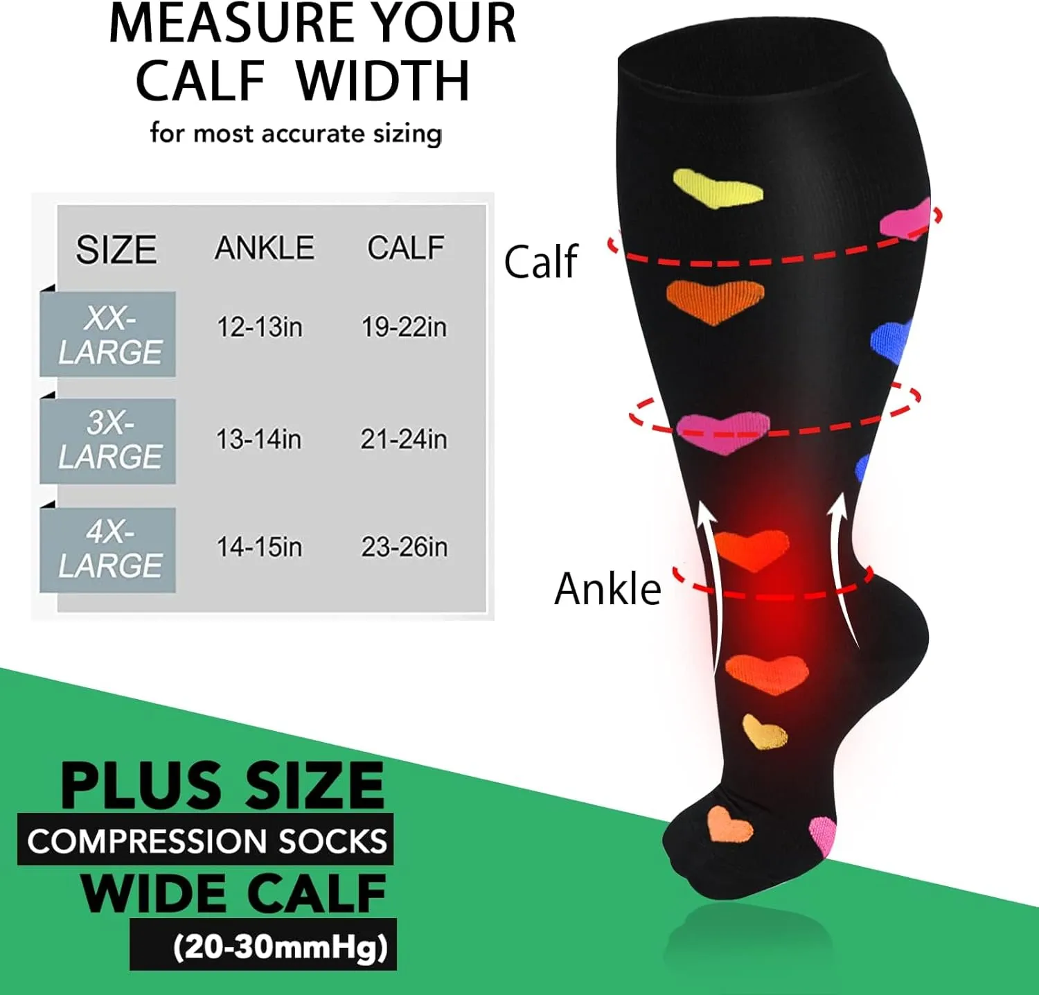 4 Pairs Plus Size Compression Socks for Women and Men 20-30 mmHg, Wide Calf Stockings Best Support for Circulation, Running
