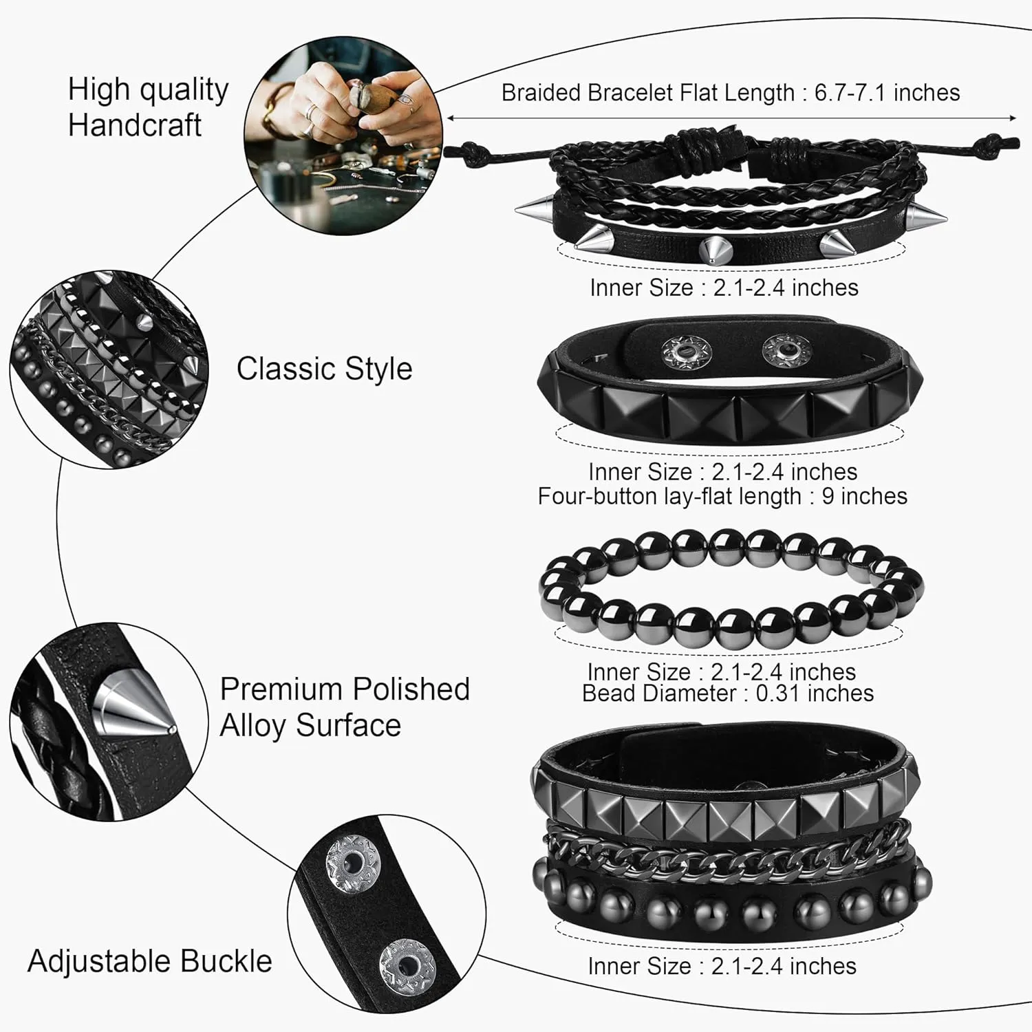 4Pcs Studded Bracelet for Men Women Spike Punk Bracelets Cuff Bracelet Grunge Bracelet Adjustable Emo Punk Rock Leather Goth Punk Accessories