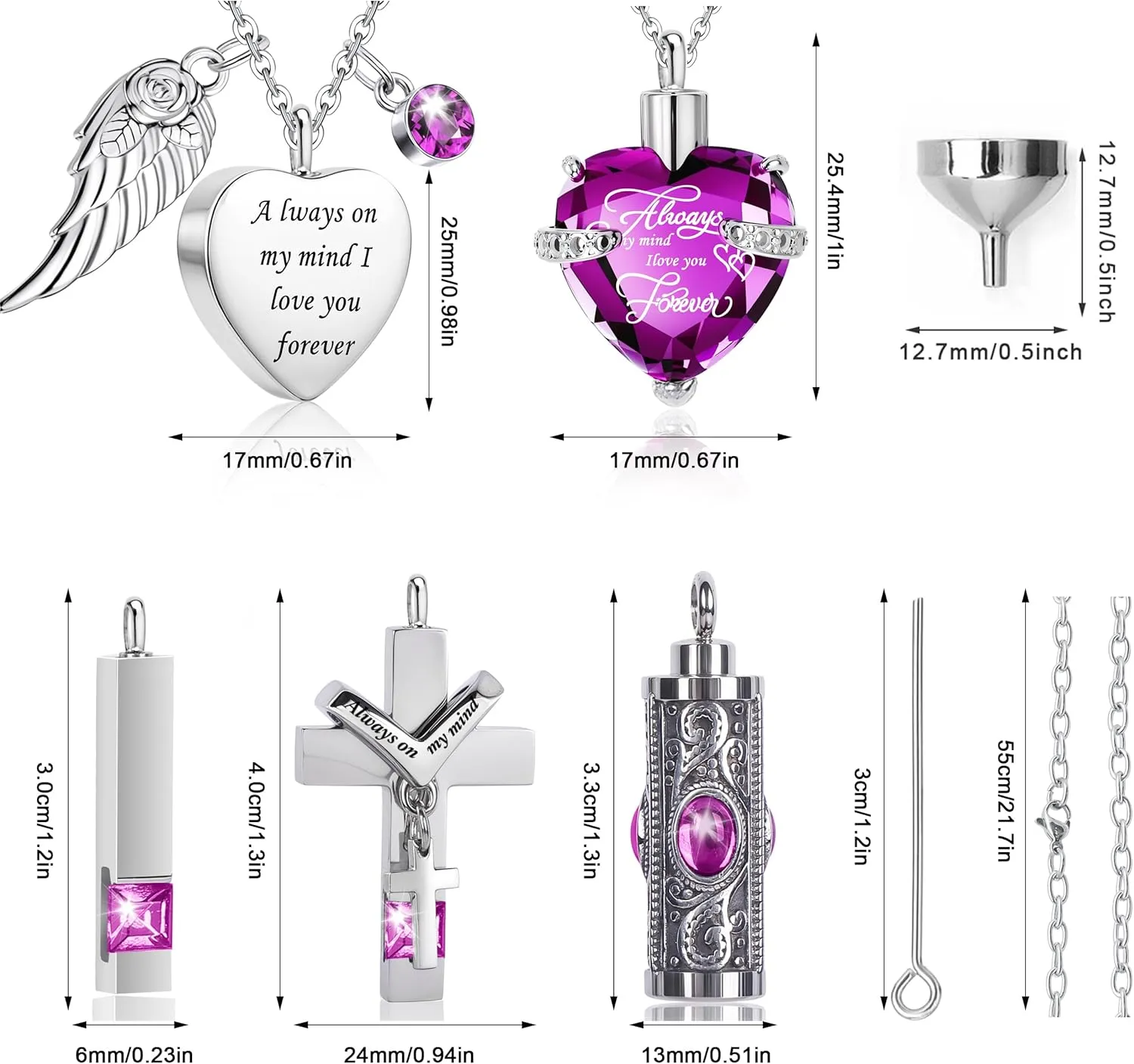 5 Pcs Urn Necklaces for Ashes Keepsake Memorial Jewelry, Stainless Steel Heart Cross Cremation Pendant Ashes Keepsake Necklace for Women Men Loved Ones, Memorial Ash Locket, 5 Unique Styles