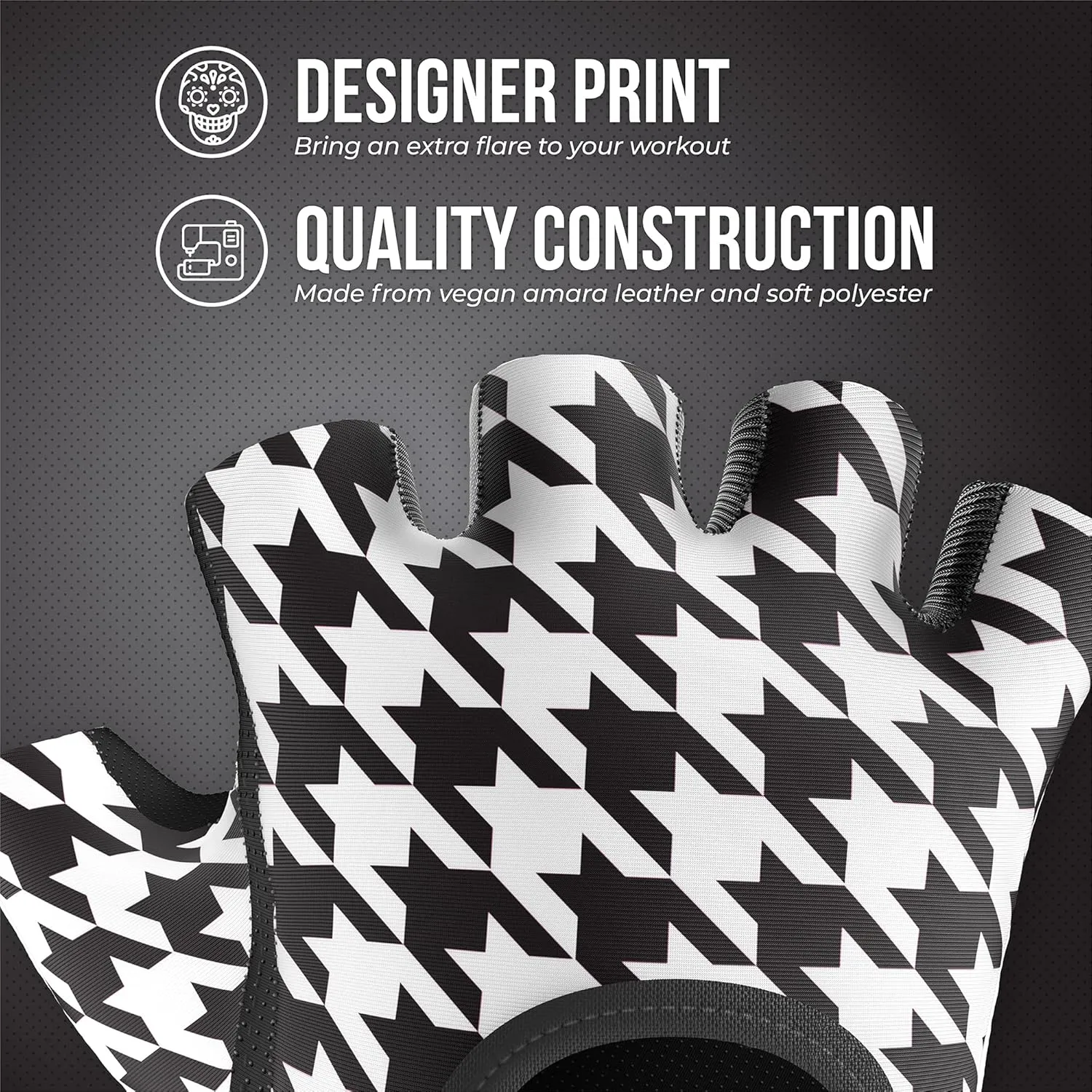 5257 Women's Design Series Houndstooth Print Lifting and Rowing Gloves (Pair) - Lightweight Vegan Medium Padded Microfiber Amara Leather w/Grip-Lock Silicone