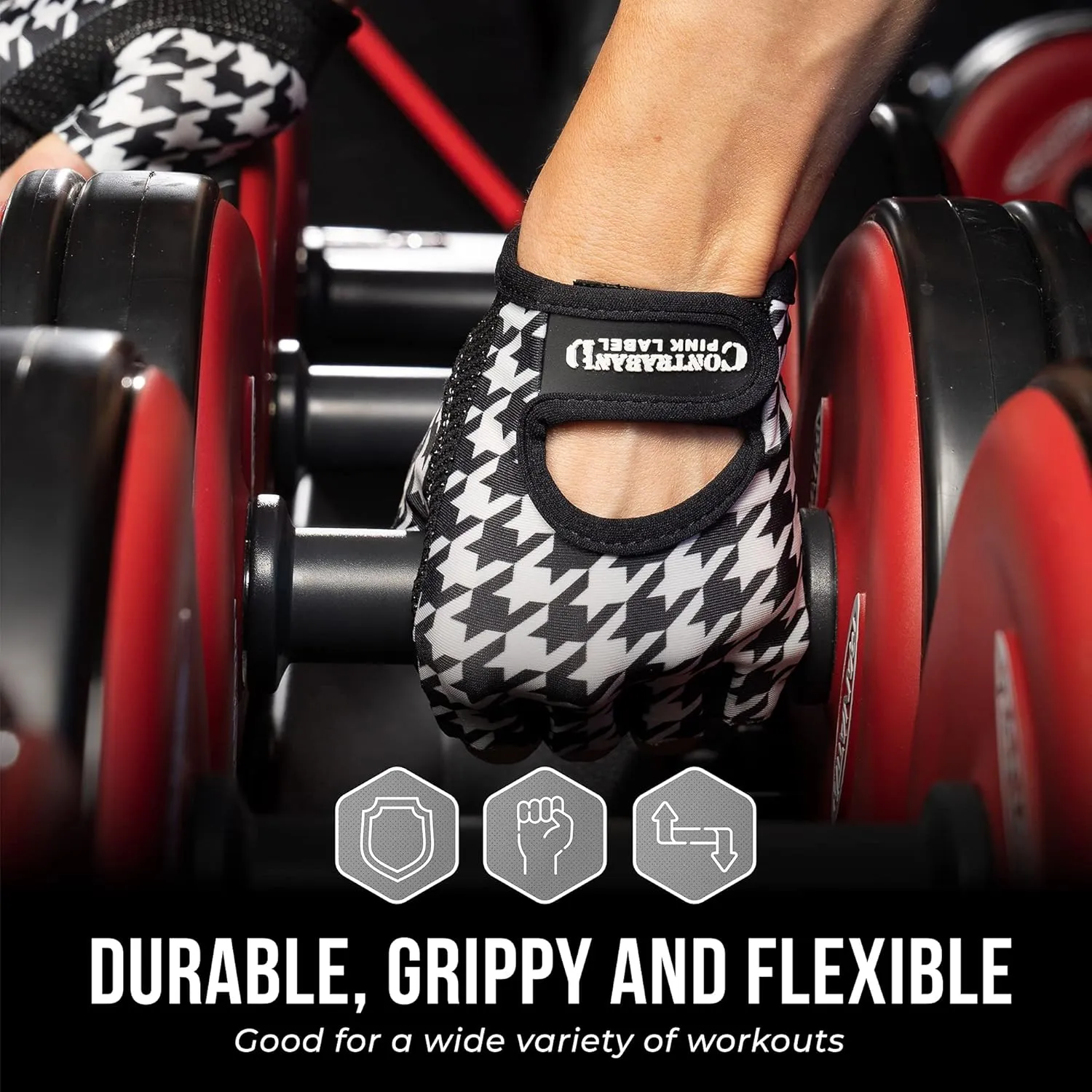 5257 Women's Design Series Houndstooth Print Lifting and Rowing Gloves (Pair) - Lightweight Vegan Medium Padded Microfiber Amara Leather w/Grip-Lock Silicone