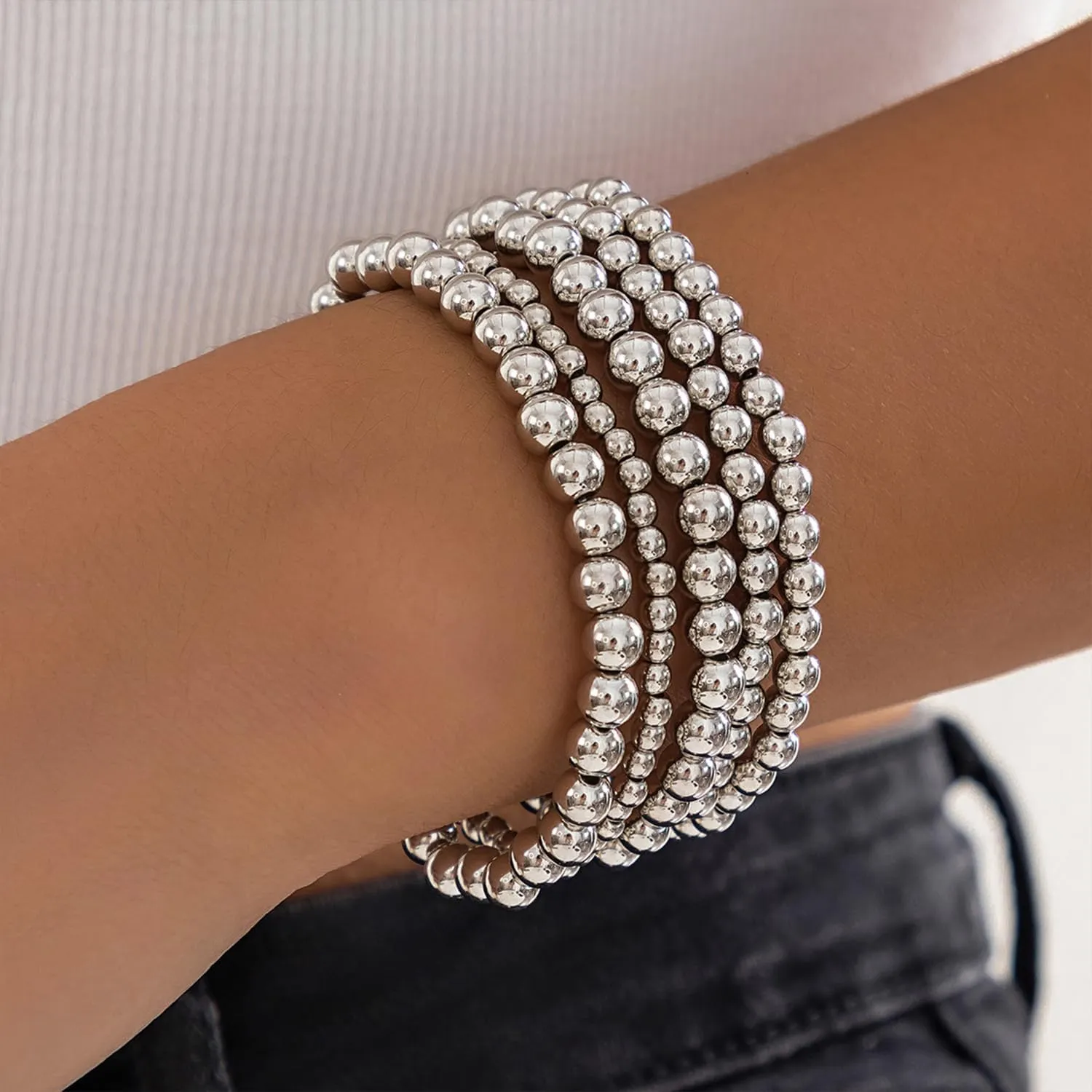 5Pcs Gold Beaded Bracelets 14K Gold Bracelets for Women Bracelet Stack Trendy Stretch Bead Bracelets Silver Bead Bracelet Dainty Jewelry for Women