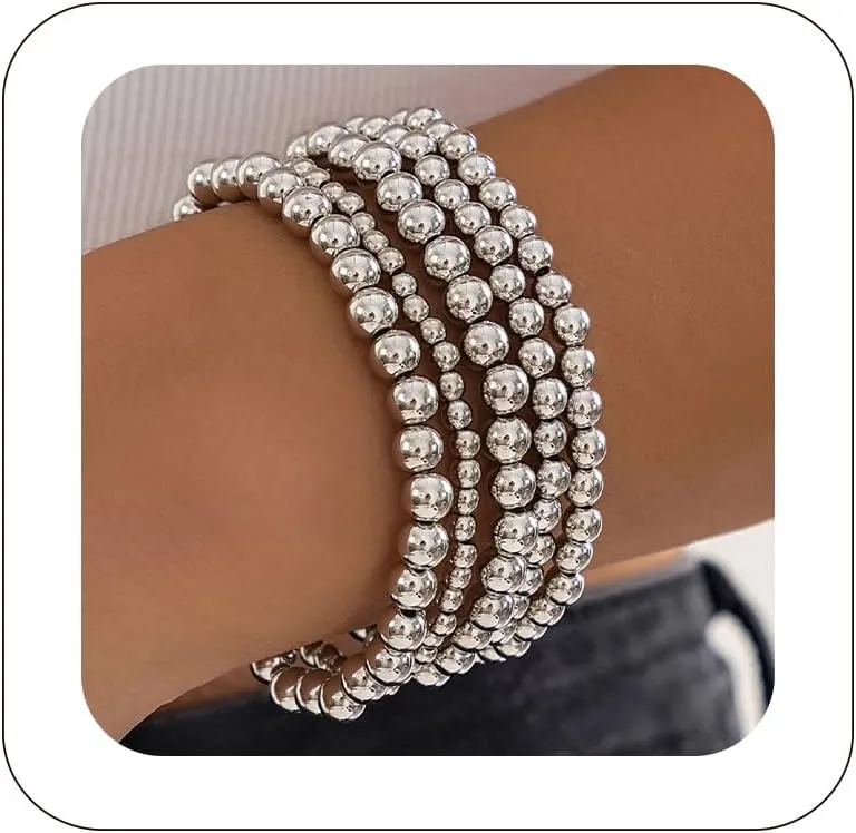 5Pcs Gold Beaded Bracelets 14K Gold Bracelets for Women Bracelet Stack Trendy Stretch Bead Bracelets Silver Bead Bracelet Dainty Jewelry for Women