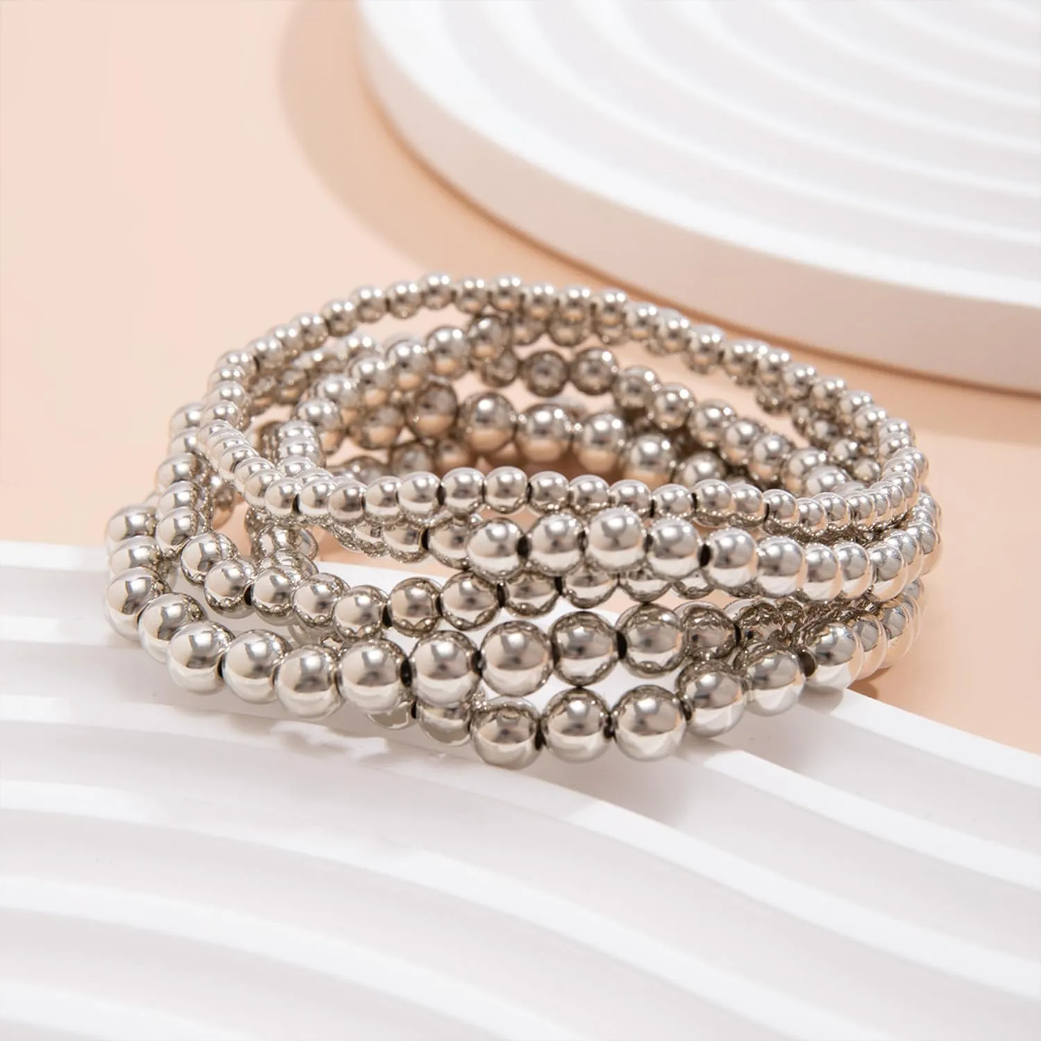 5Pcs Gold Beaded Bracelets 14K Gold Bracelets for Women Bracelet Stack Trendy Stretch Bead Bracelets Silver Bead Bracelet Dainty Jewelry for Women