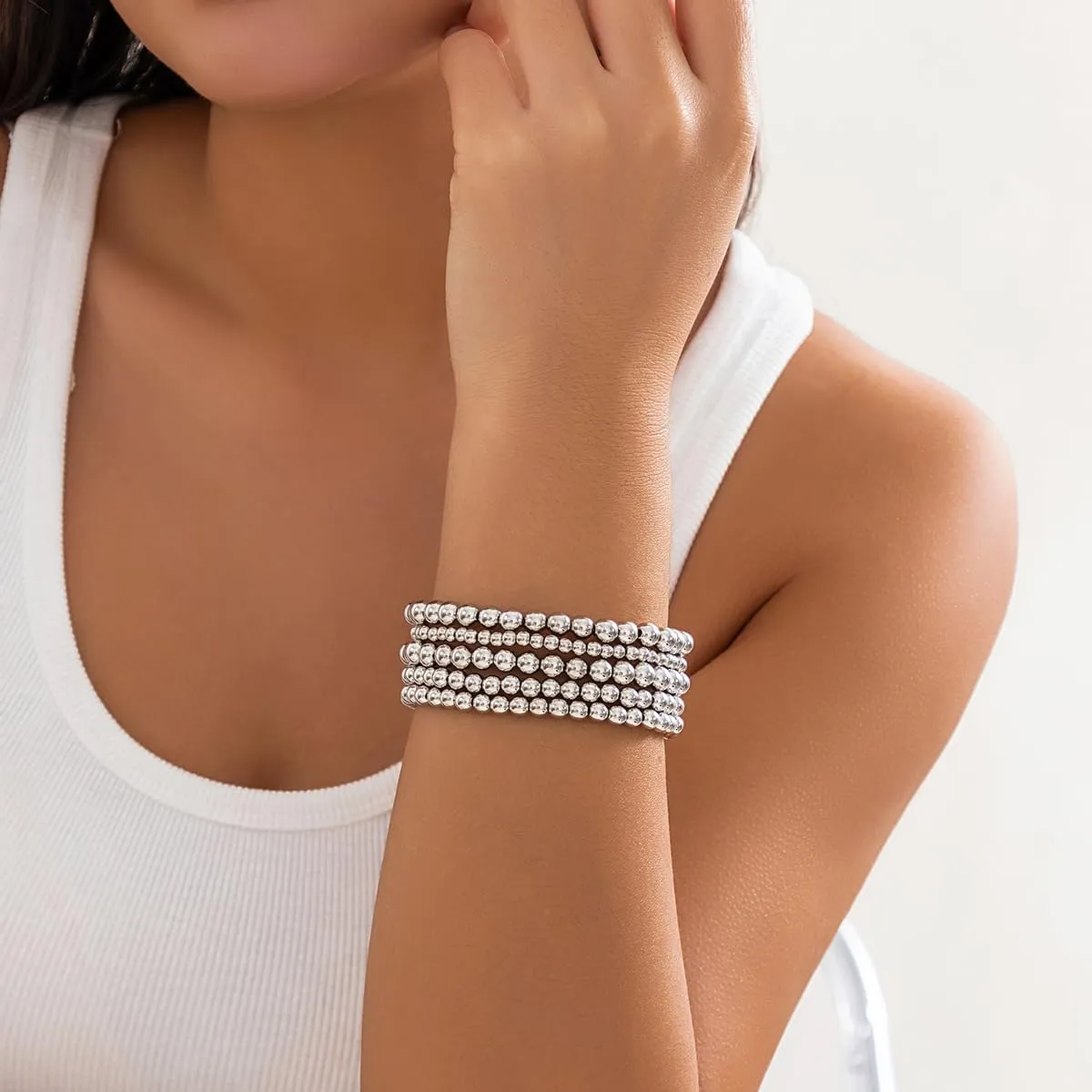 5Pcs Gold Beaded Bracelets 14K Gold Bracelets for Women Bracelet Stack Trendy Stretch Bead Bracelets Silver Bead Bracelet Dainty Jewelry for Women