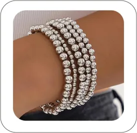 5Pcs Gold Beaded Bracelets 14K Gold Bracelets for Women Bracelet Stack Trendy Stretch Bead Bracelets Silver Bead Bracelet Dainty Jewelry for Women