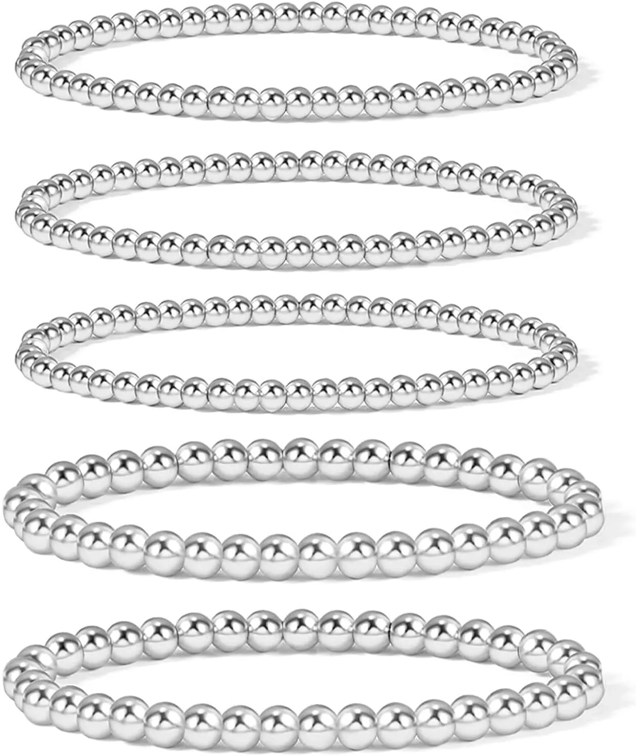5Pcs Gold Beaded Bracelets 14K Gold Bracelets for Women Bracelet Stack Trendy Stretch Bead Bracelets Silver Bead Bracelet Dainty Jewelry for Women