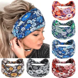 6 Pack Boho Headbands for Women Wide African Style Elastic Non-Slip Twisted Head Bands for Women's Hair Sunflower Print Thick Hair Wraps Yoga Workout Turbans Accessories