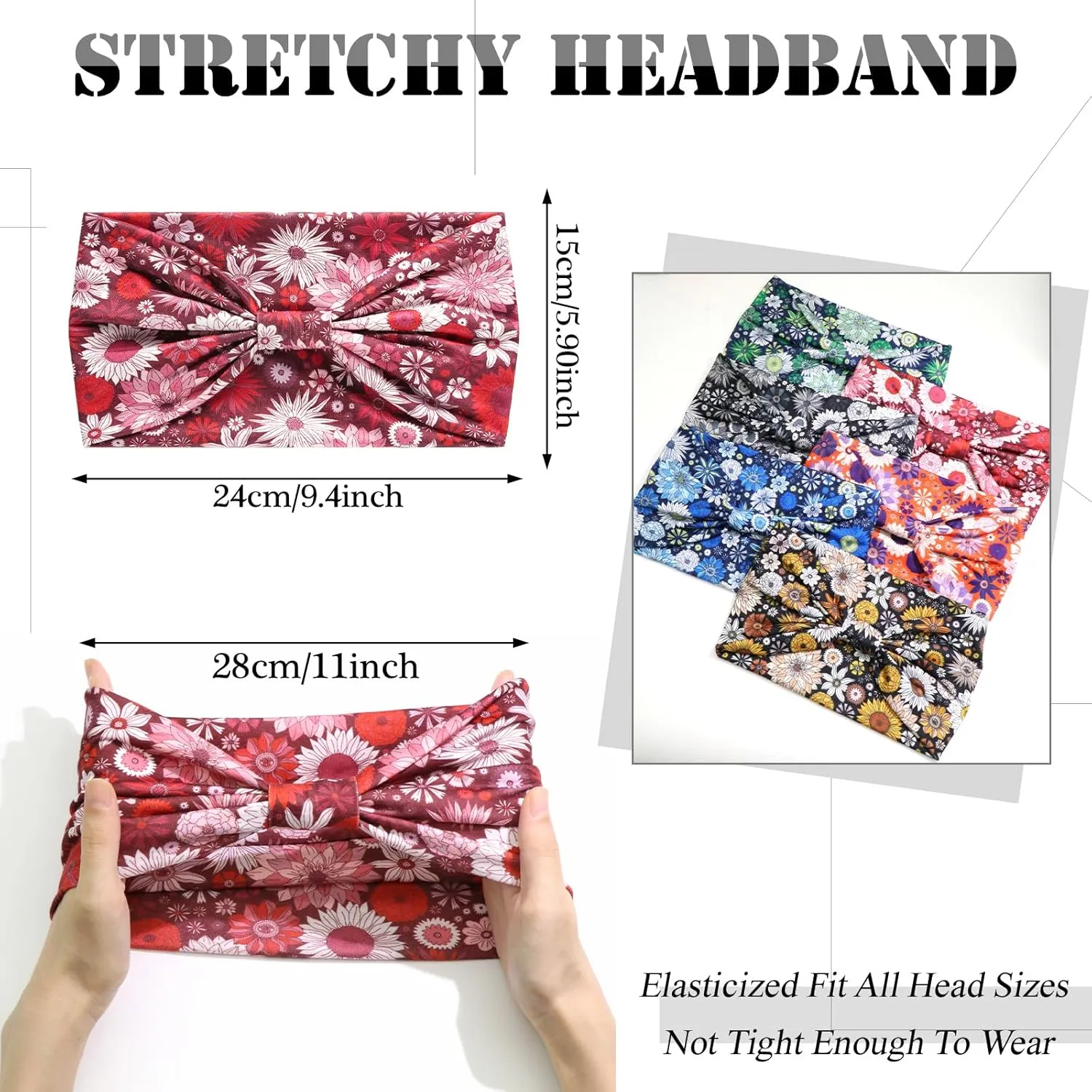 6 Pack Boho Headbands for Women Wide African Style Elastic Non-Slip Twisted Head Bands for Women's Hair Sunflower Print Thick Hair Wraps Yoga Workout Turbans Accessories