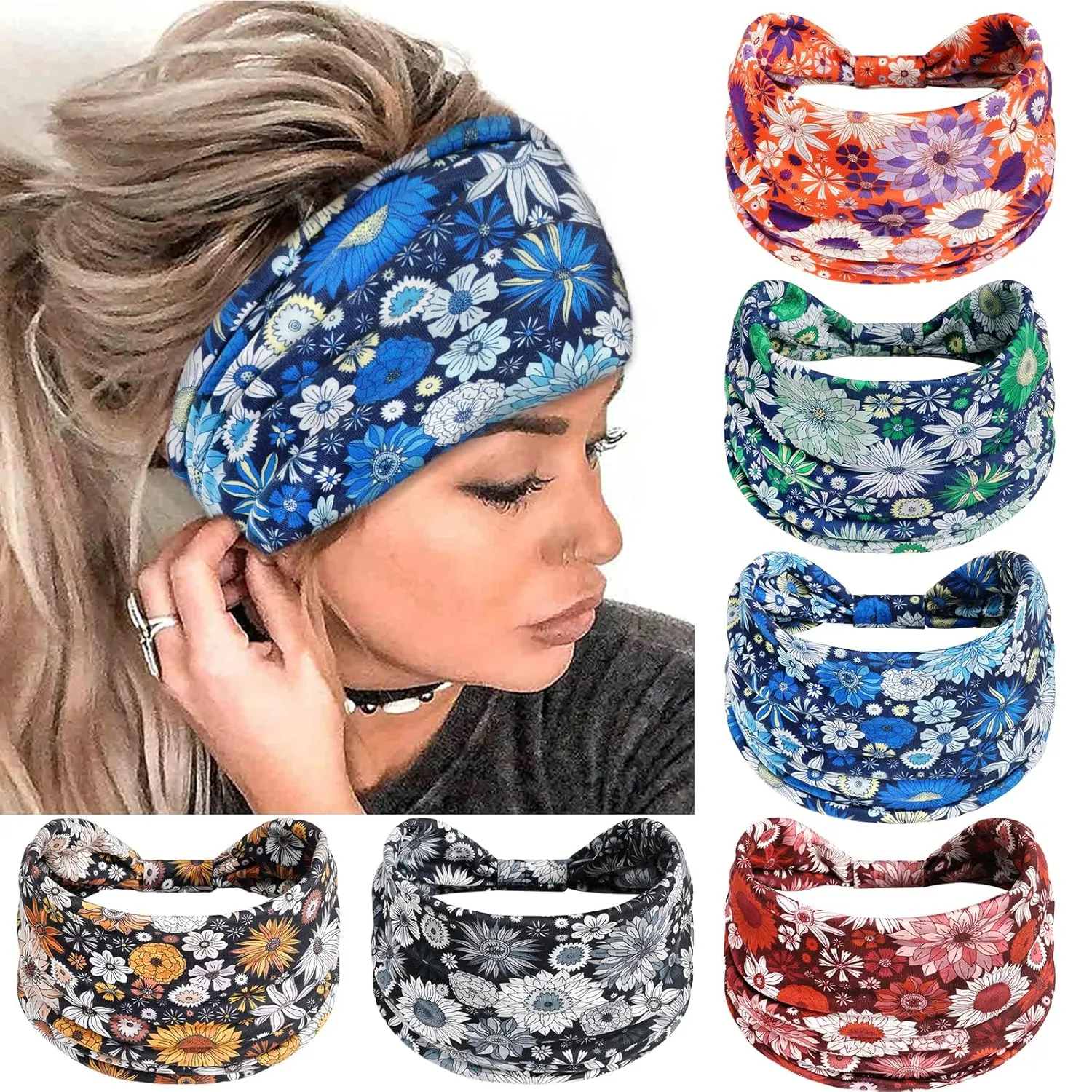 6 Pack Boho Headbands for Women Wide African Style Elastic Non-Slip Twisted Head Bands for Women's Hair Sunflower Print Thick Hair Wraps Yoga Workout Turbans Accessories