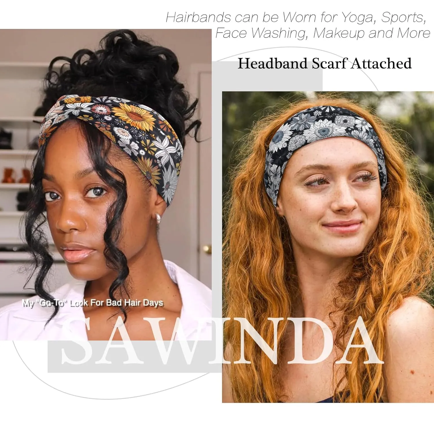 6 Pack Boho Headbands for Women Wide African Style Elastic Non-Slip Twisted Head Bands for Women's Hair Sunflower Print Thick Hair Wraps Yoga Workout Turbans Accessories