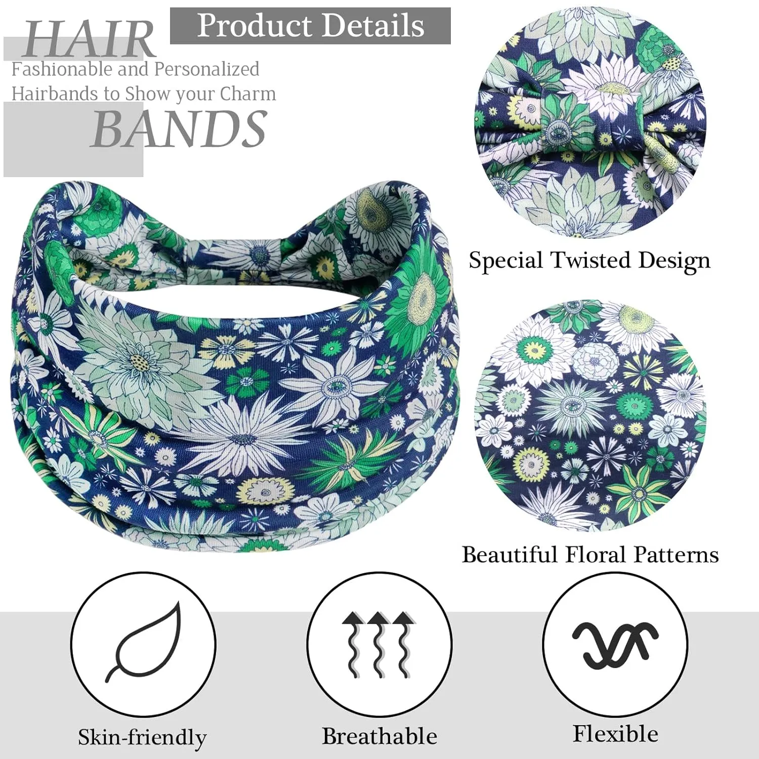 6 Pack Boho Headbands for Women Wide African Style Elastic Non-Slip Twisted Head Bands for Women's Hair Sunflower Print Thick Hair Wraps Yoga Workout Turbans Accessories