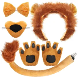 6Pcs Lion Costume Lion Ears Headband and Tail Set Nose Bowtie Gloves Halloween Cosplay Accessories Party Supplies for Adults