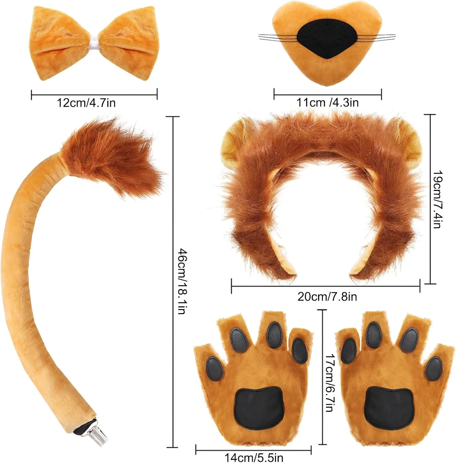 6Pcs Lion Costume Lion Ears Headband and Tail Set Nose Bowtie Gloves Halloween Cosplay Accessories Party Supplies for Adults