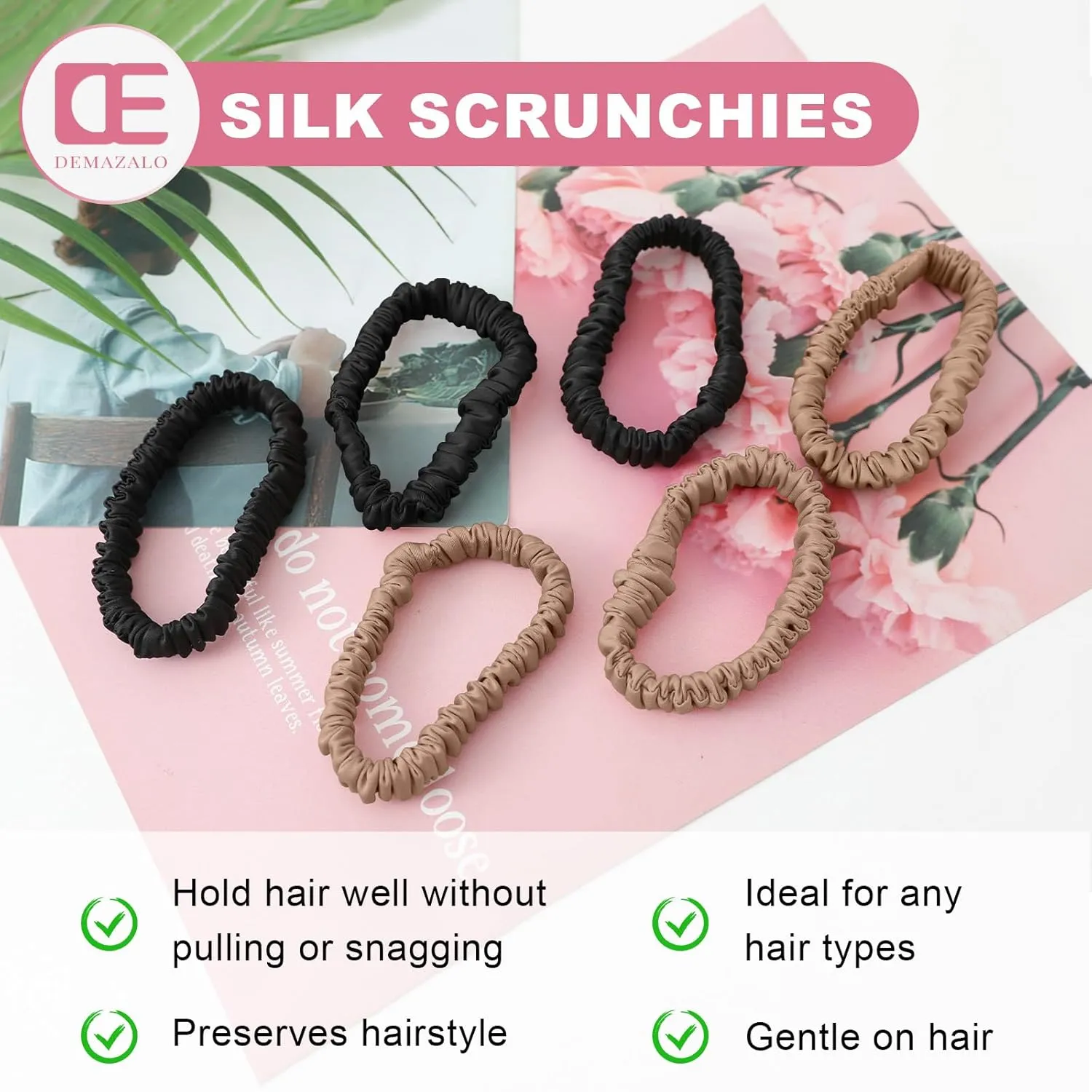 6Pcs Mulberry Silk Slip Skinny Hair Scrunchies - 22 Momme Pure Silk Ponytail Holders for Women & Girls (Color 02)
