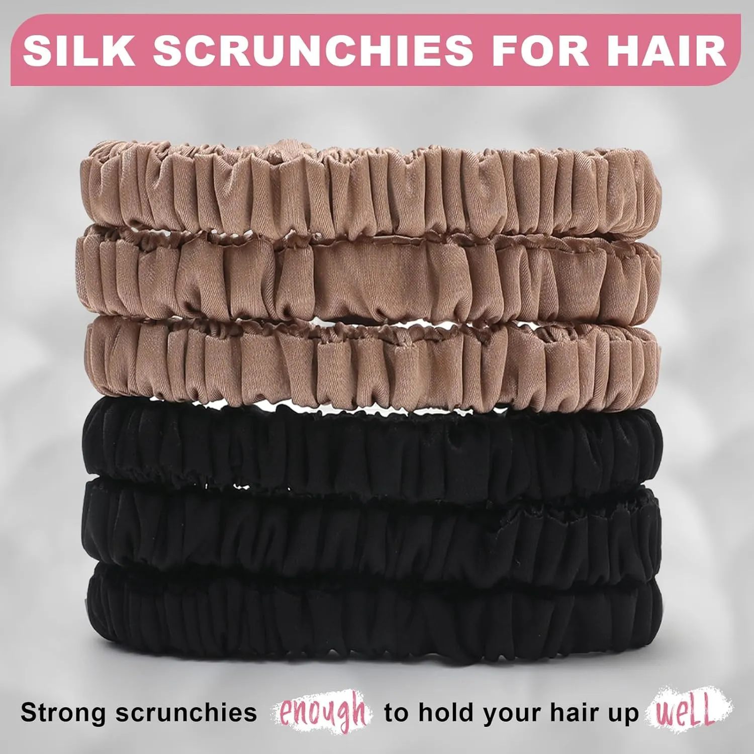 6Pcs Mulberry Silk Slip Skinny Hair Scrunchies - 22 Momme Pure Silk Ponytail Holders for Women & Girls (Color 02)