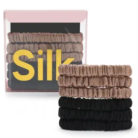6Pcs Mulberry Silk Slip Skinny Hair Scrunchies - 22 Momme Pure Silk Ponytail Holders for Women & Girls (Color 02)