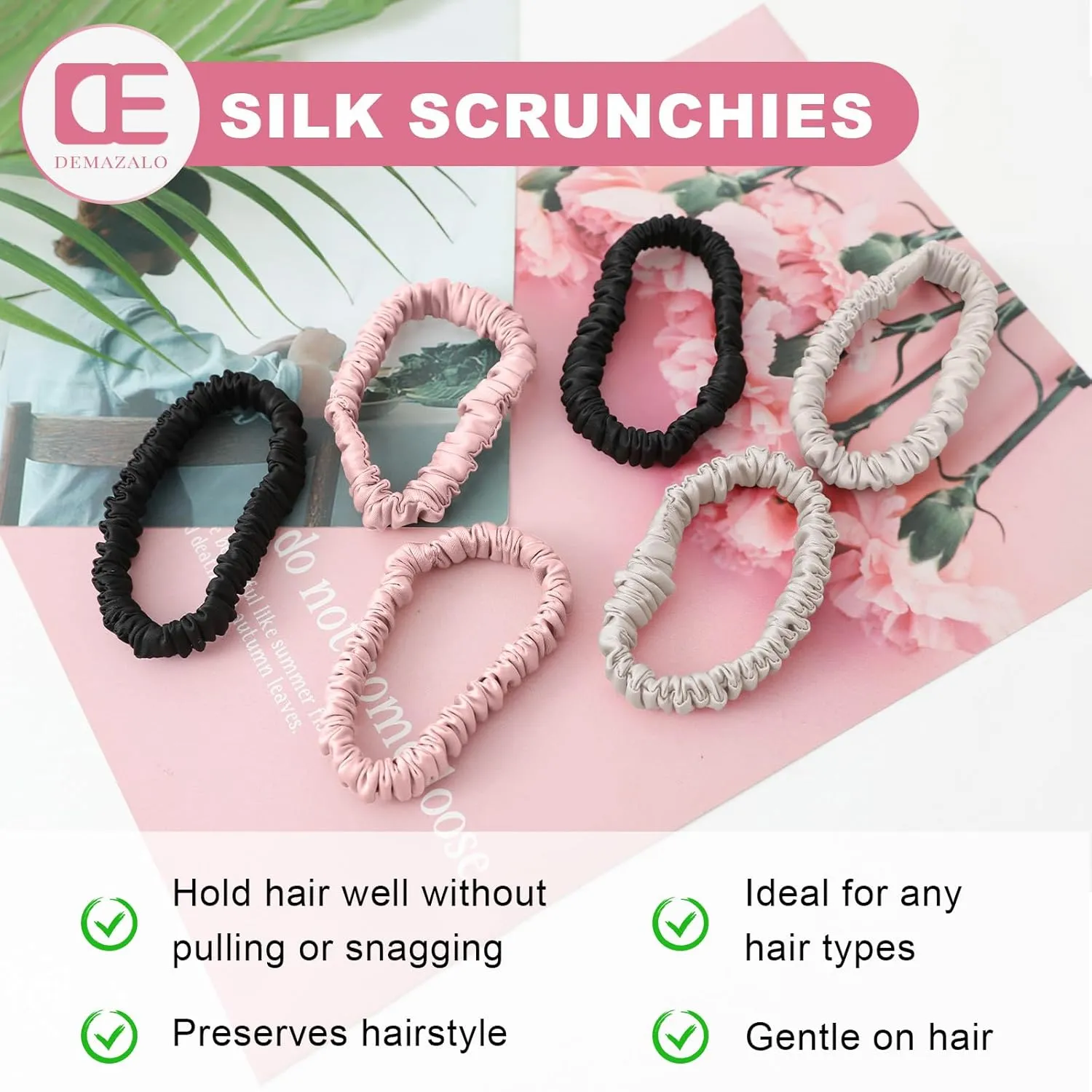 6Pcs Silk Hair Ties Small 22 Momme 100% Pure Mulberry Silk Scrunchies for Women Girls Thin Skinny Hair Sleep Scrunchies No Damage(Color 05)