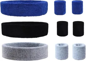 9 Pieces Sweatbands Set, Includes 3 Pieces Sports Headband and 6 Pieces Wristbands, Polyester Blend, Colorful Cotton, for Men and Women, Athletic Bands for Basketball, Tennis, Working Out