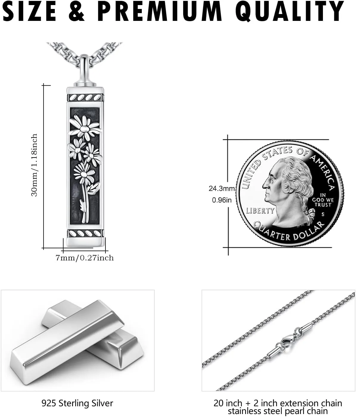 925 Sterling Silver Cremation Jewelry Urn Pendant Necklace for Ashes with Stainless Steel Chain