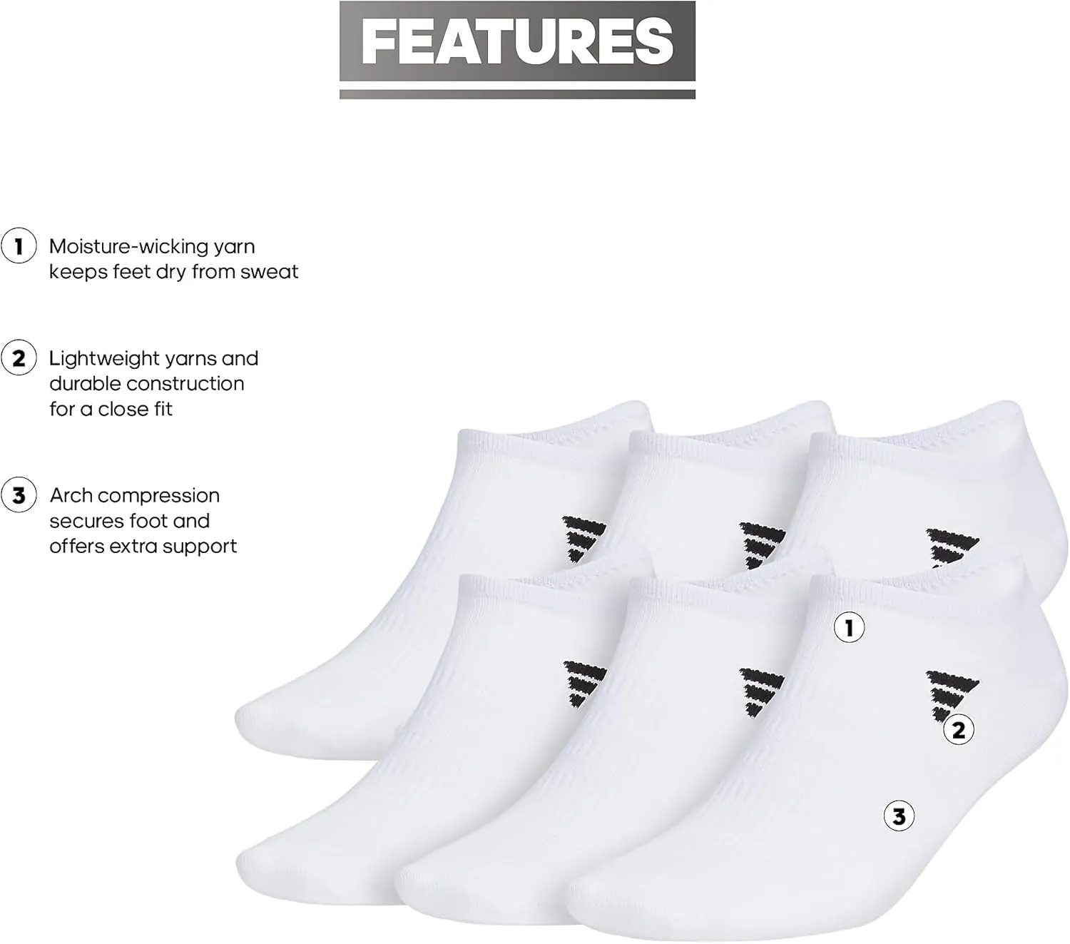 adidas Men's Superlite No Show Socks, Arch Compression Socks For Men, Athletic, Durabable, Lightweight and Breathable, 6-Pack