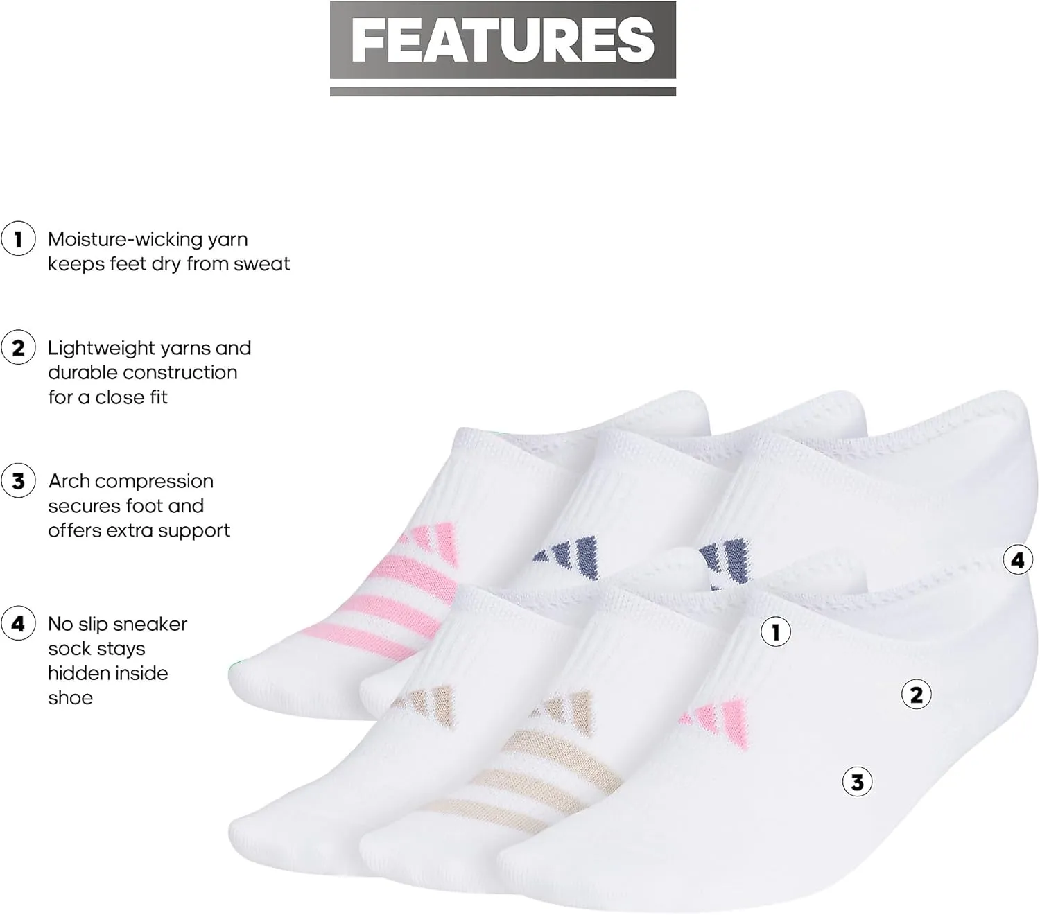 adidas Women's Superlite 3.0 6-Pack Super No Show, Athletic Socks, Invisible Ultra Low-Profile, Cushion & Arch Compression