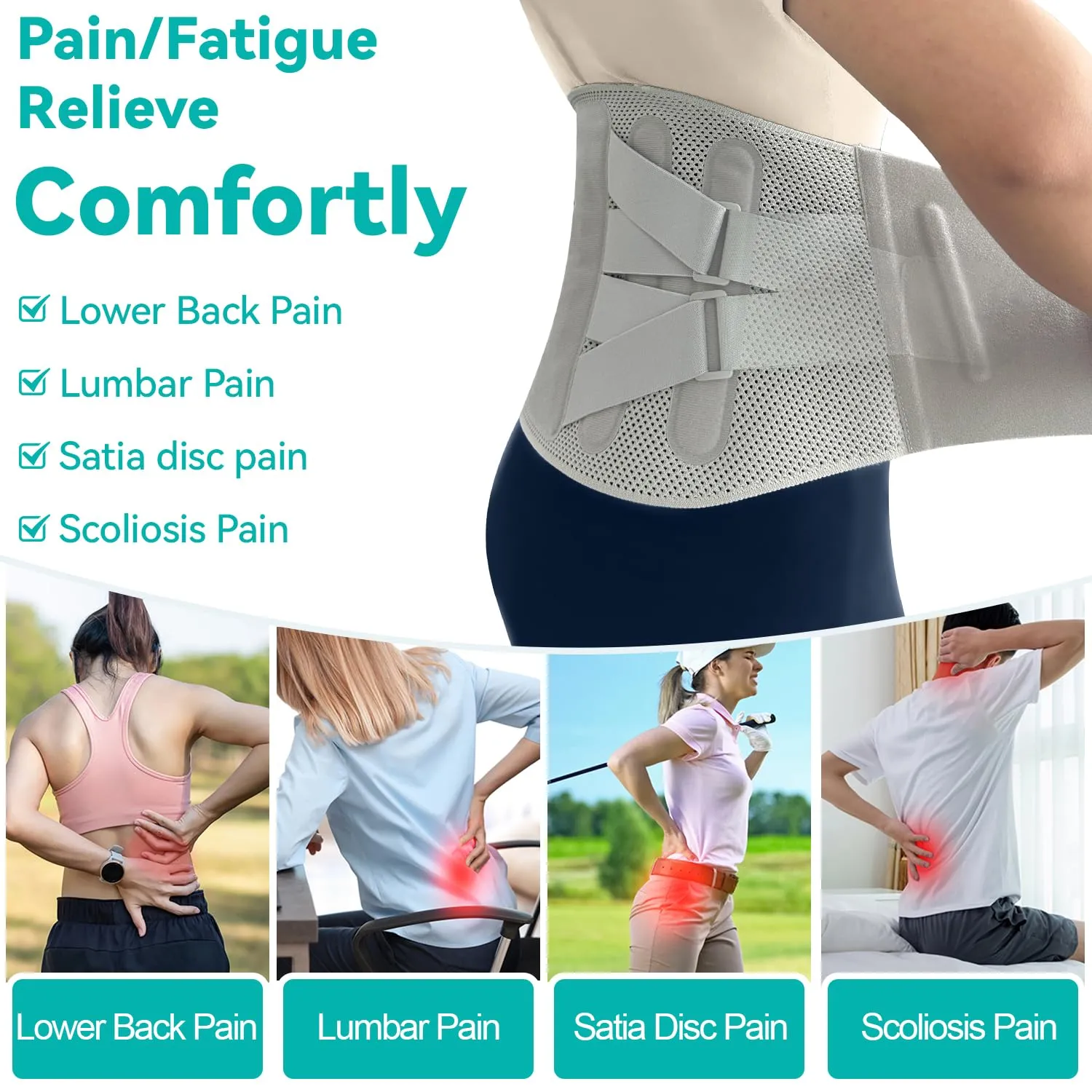 Advanced Back Brace for Lower Back Pain Relief, Fully Adjustable, Breathable and Comfortable Belt for Herniated Disc, Sciatica, Faja Para Lumbar Support for Men and Women Office, Work and Exercise