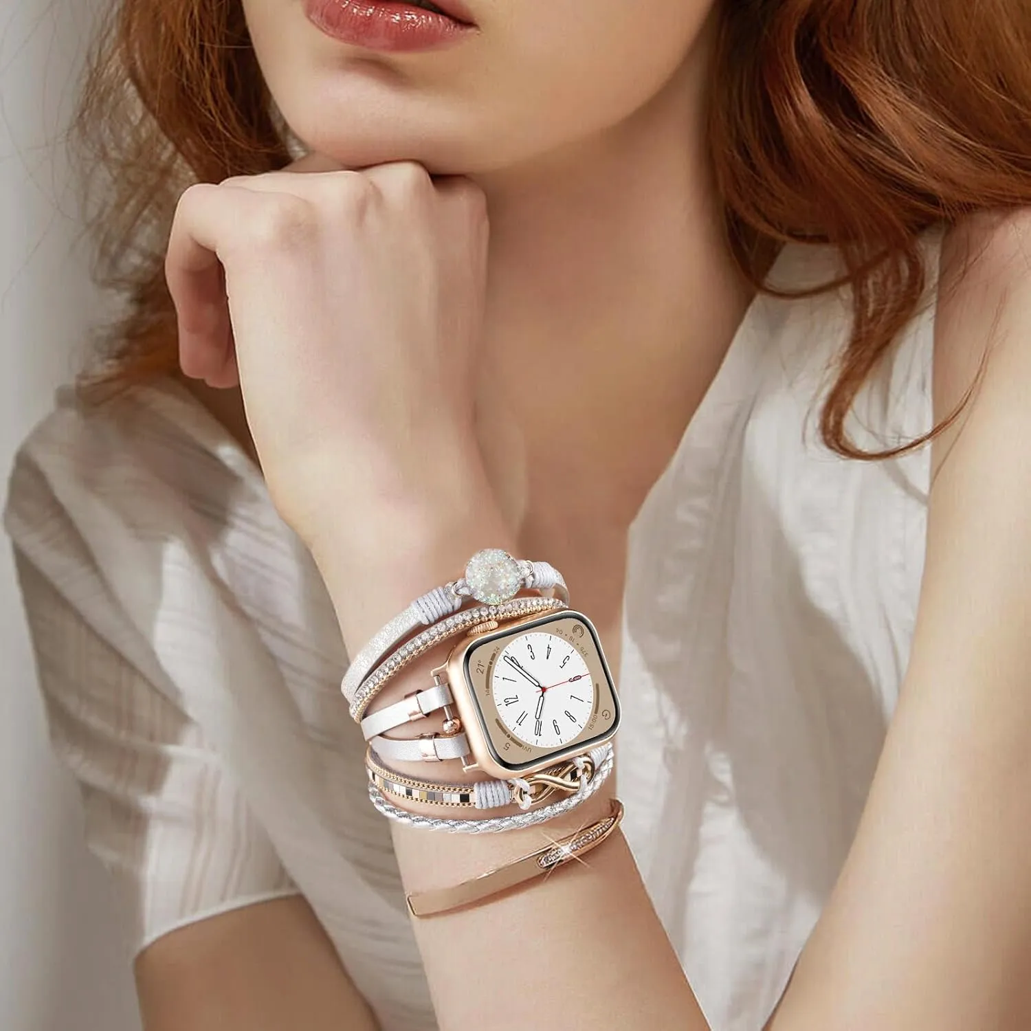AIRSPO Boho Leather Bracelet Compatible for Apple Watch Band 38mm 40mm 41mm 42mm 44mm 45mm 46mm Women Fashion Handmade Multilayer Wrap Rhinestone Jewelry Apple Watch Strap for iWatch Bands Series 8/7/6/5/4/3/2/1/SE