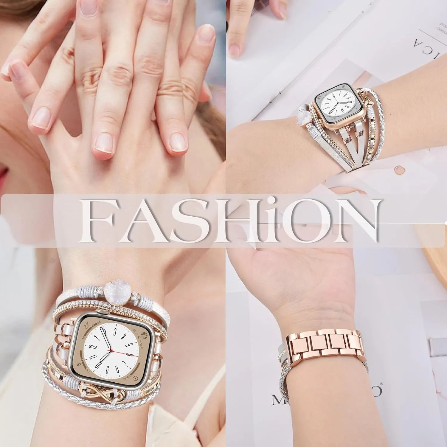 AIRSPO Boho Leather Bracelet Compatible for Apple Watch Band 38mm 40mm 41mm 42mm 44mm 45mm 46mm Women Fashion Handmade Multilayer Wrap Rhinestone Jewelry Apple Watch Strap for iWatch Bands Series 8/7/6/5/4/3/2/1/SE