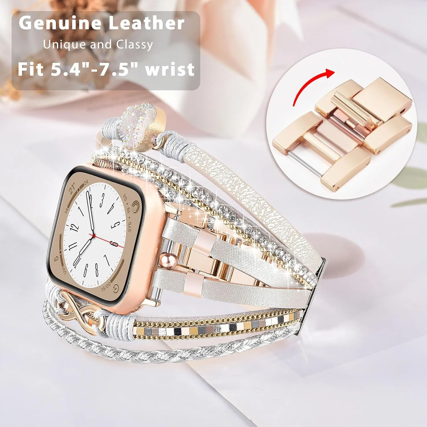 AIRSPO Boho Leather Bracelet Compatible for Apple Watch Band 38mm 40mm 41mm 42mm 44mm 45mm 46mm Women Fashion Handmade Multilayer Wrap Rhinestone Jewelry Apple Watch Strap for iWatch Bands Series 8/7/6/5/4/3/2/1/SE