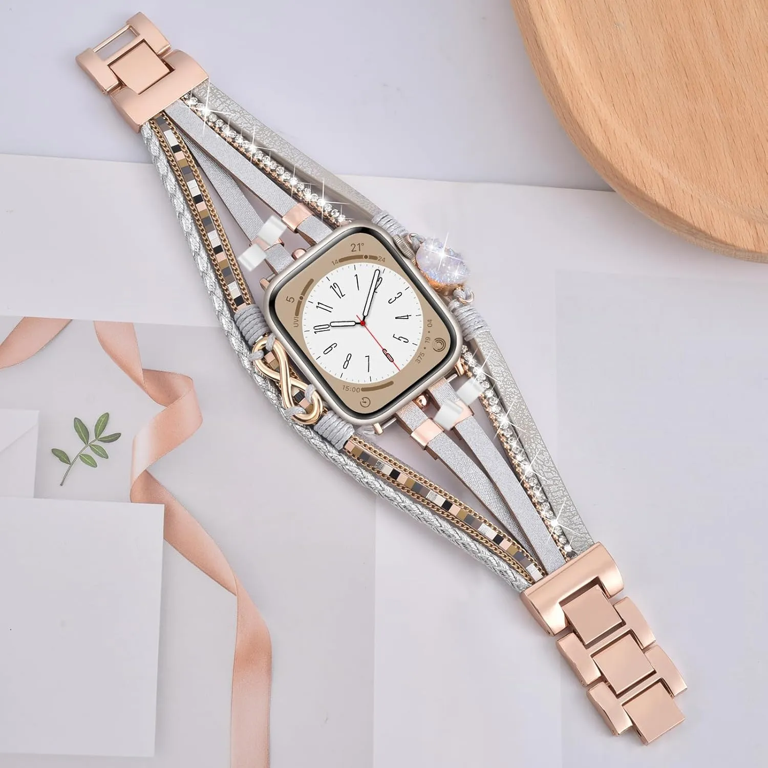 AIRSPO Boho Leather Bracelet Compatible for Apple Watch Band 38mm 40mm 41mm 42mm 44mm 45mm 46mm Women Fashion Handmade Multilayer Wrap Rhinestone Jewelry Apple Watch Strap for iWatch Bands Series 8/7/6/5/4/3/2/1/SE