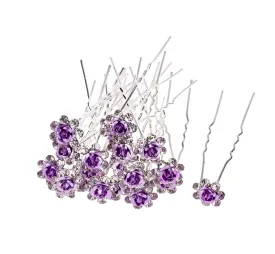 AKOAK 20 Pcs/Lot Women Wedding Bridal Clear Crystal Rhinestone Rose Flower Hair Pin Clips Hair Accessories Jewelry Barrettes HeadwearPurple