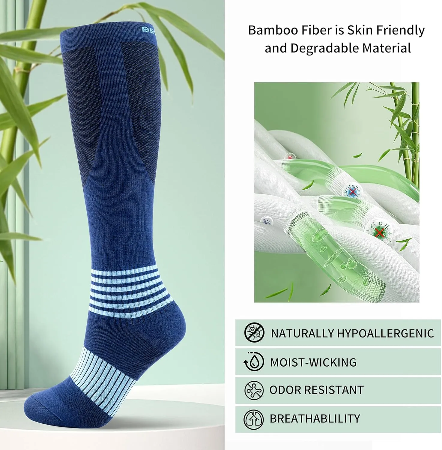 Bamboo Viscose Compression Socks for Women and Men(2/3/4 Pairs) - Knee High Support for Circulation, 15-20 mmHg