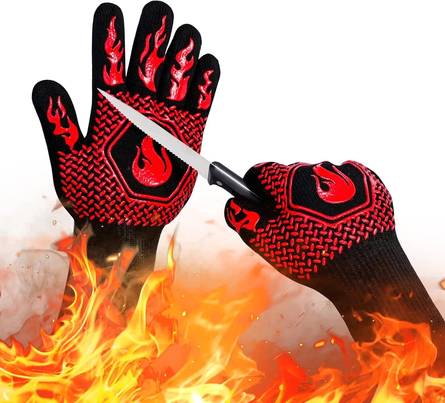 BBQ Fireproof Gloves, Grill Cut-Resistant Gloves 1472F Heat Resistant Gloves, Non-Slip Silicone Oven Gloves, Kitchen Safe Cooking Gloves for Oven Mitts,Barbecue,Cooking, Frying,13.5 Inch-Red