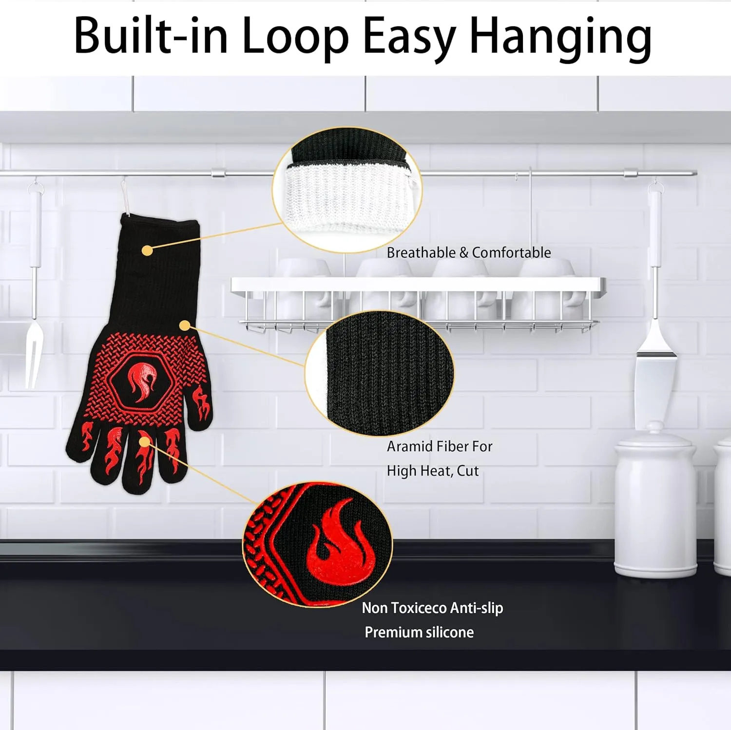 BBQ Fireproof Gloves, Grill Cut-Resistant Gloves 1472F Heat Resistant Gloves, Non-Slip Silicone Oven Gloves, Kitchen Safe Cooking Gloves for Oven Mitts,Barbecue,Cooking, Frying,13.5 Inch-Red