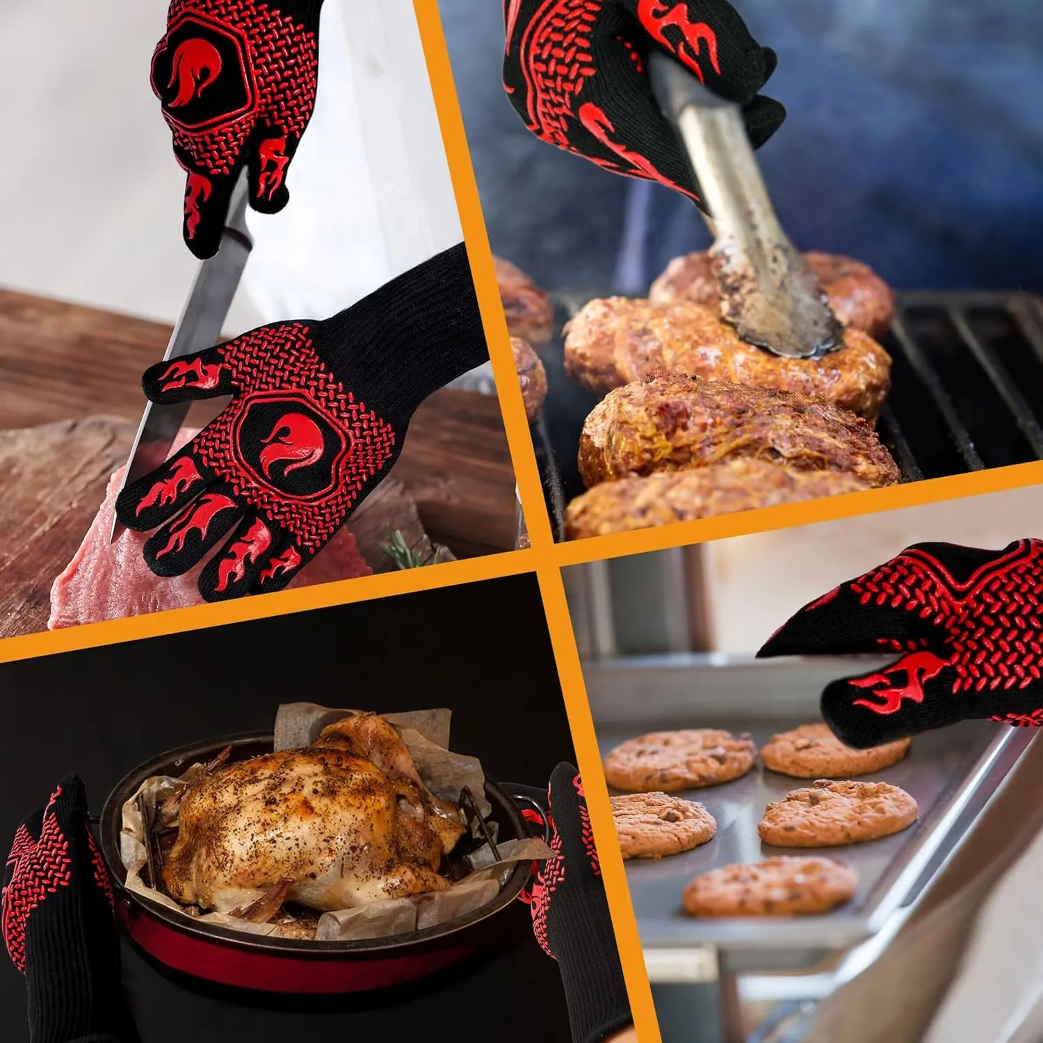 BBQ Fireproof Gloves, Grill Cut-Resistant Gloves 1472F Heat Resistant Gloves, Non-Slip Silicone Oven Gloves, Kitchen Safe Cooking Gloves for Oven Mitts,Barbecue,Cooking, Frying,13.5 Inch-Red