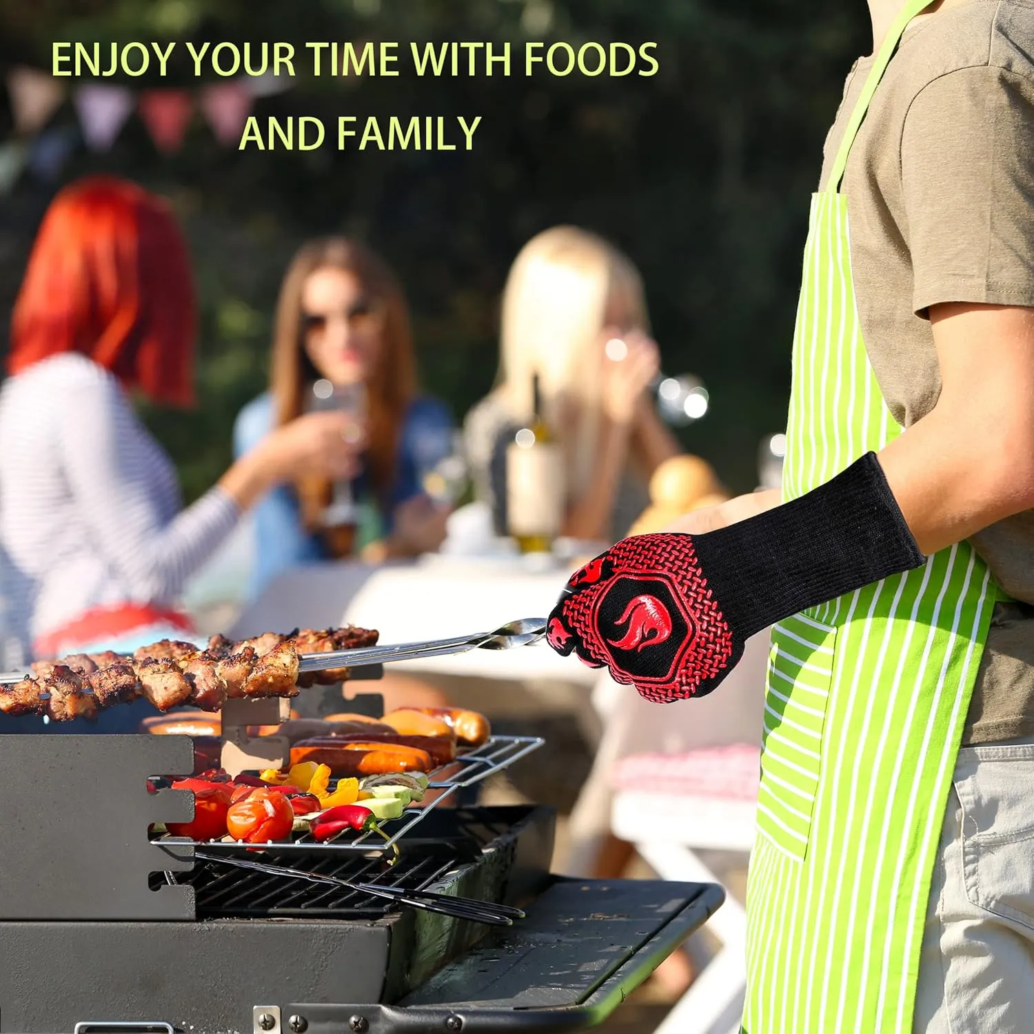 BBQ Fireproof Gloves, Grill Cut-Resistant Gloves 1472F Heat Resistant Gloves, Non-Slip Silicone Oven Gloves, Kitchen Safe Cooking Gloves for Oven Mitts,Barbecue,Cooking, Frying,13.5 Inch-Red