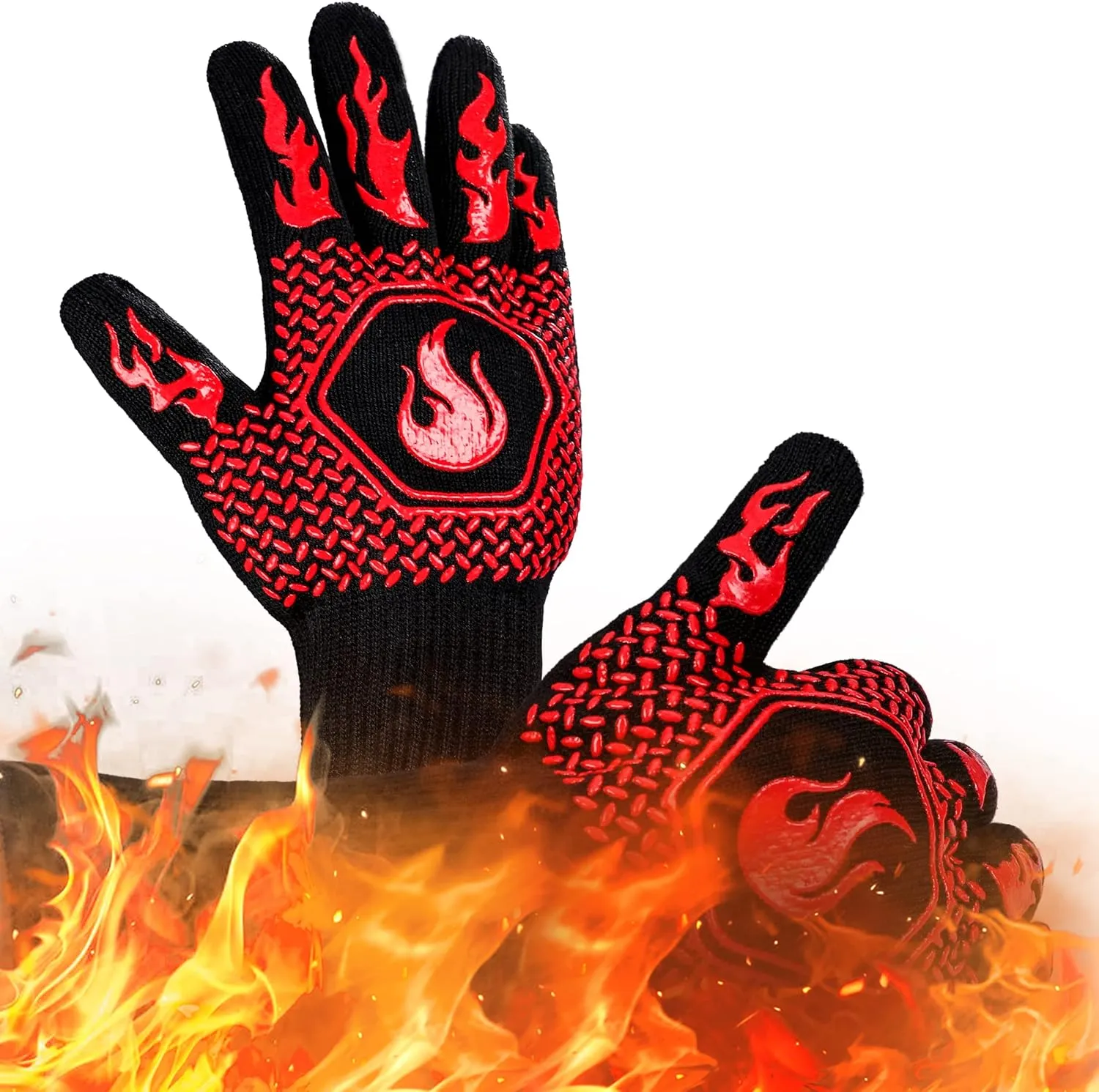 BBQ Fireproof Gloves, Grill Cut-Resistant Gloves 1472F Heat Resistant Gloves, Non-Slip Silicone Oven Gloves, Kitchen Safe Cooking Gloves for Oven Mitts,Barbecue,Cooking, Frying,13.5 Inch-Red