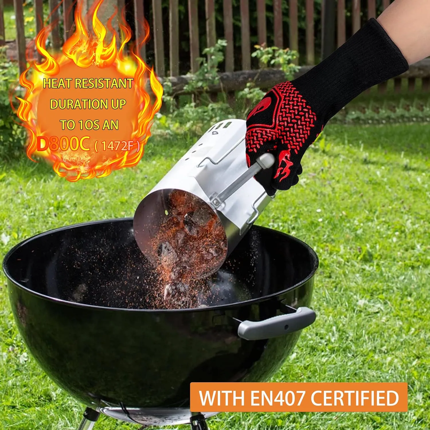BBQ Fireproof Gloves, Grill Cut-Resistant Gloves 1472F Heat Resistant Gloves, Non-Slip Silicone Oven Gloves, Kitchen Safe Cooking Gloves for Oven Mitts,Barbecue,Cooking, Frying,13.5 Inch-Red